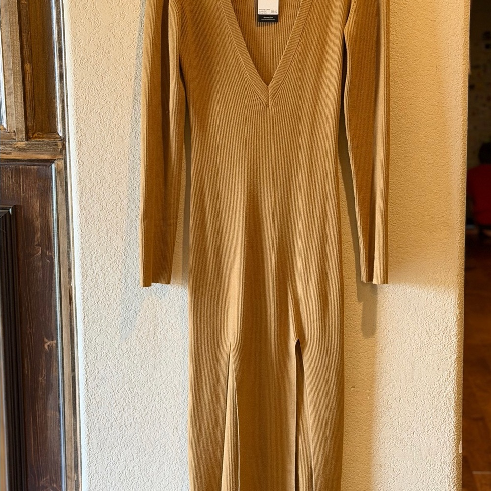 Lioness Ribbed Long Sleeve V-Neck Knit Dress in Camel
